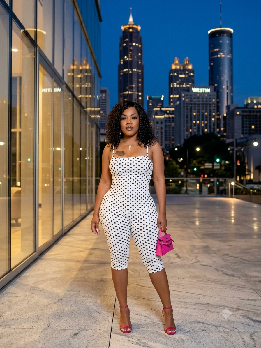 ThatLadyChi in a polka-dot jumpsuit in Atlanta at dusk