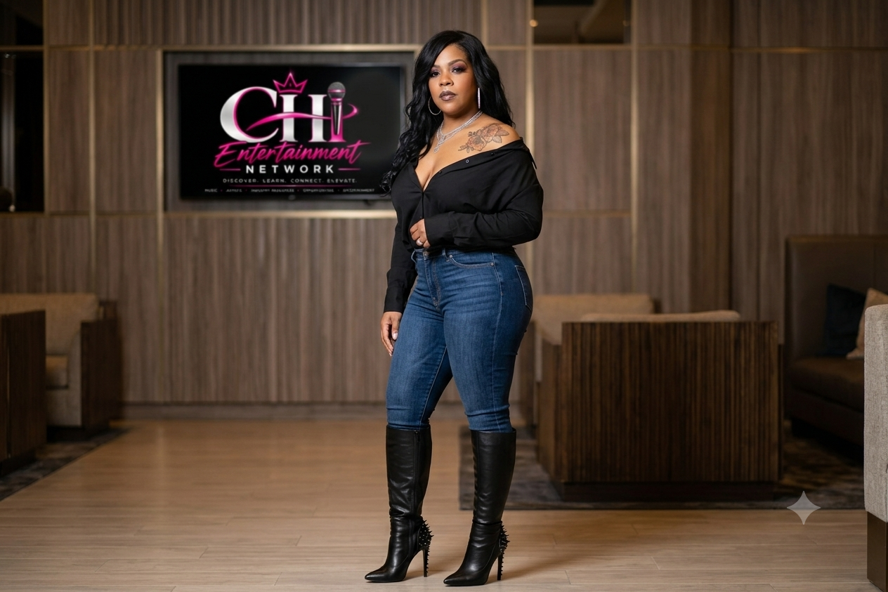 ThatLadyChi in front of the CHI Entertainment Network logo